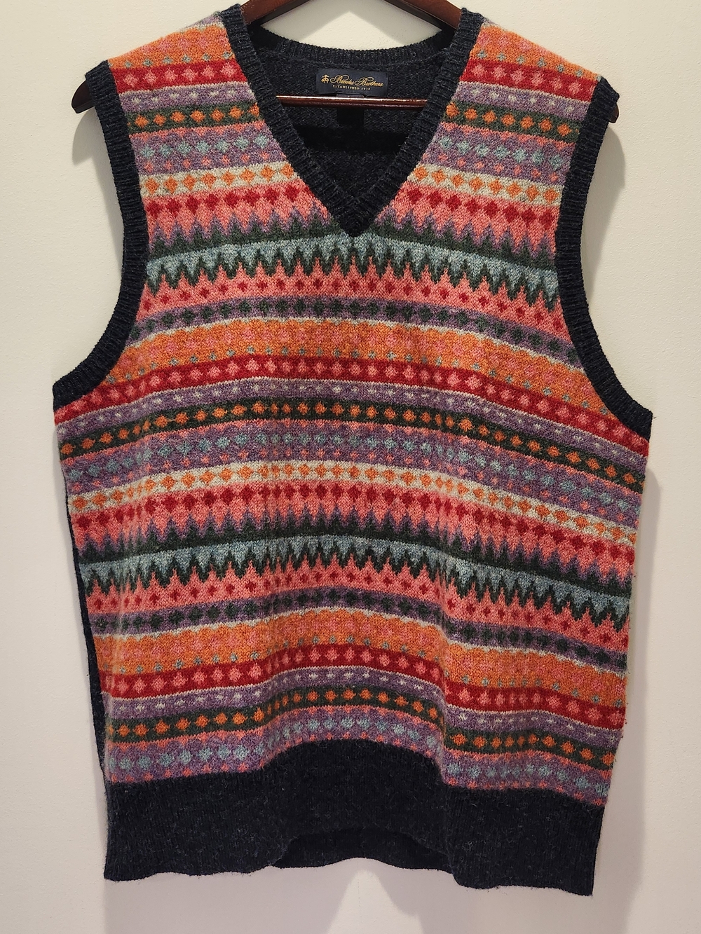 Brooks Brothers Multicolor Patterned Wool Sweater Vest - Navy Trim